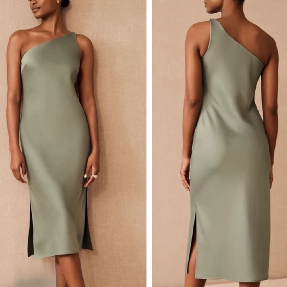 BHLDN / Anthropology Moss Green Audrie Satin One-Shoulder Midi Dress - Reemoly
